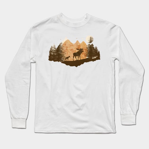 Mother moose and her cub in the mountains at sunset Long Sleeve T-Shirt by cesartorresart